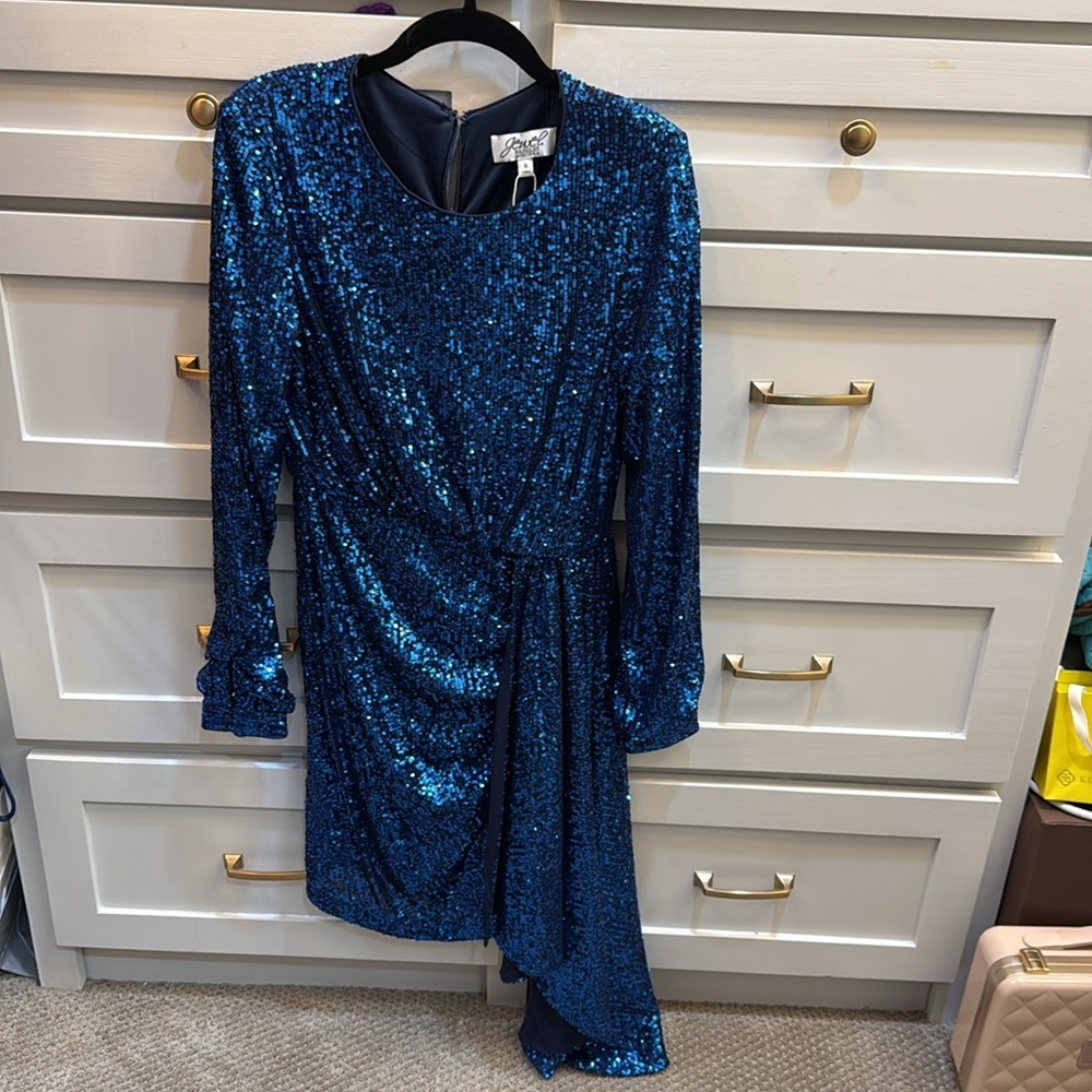 Badgley Mischka Blue Asymmetrical Sequin Cocktail Dress